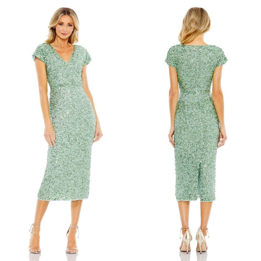 Mac Duggal 10766 Dress Sequin V-Neck Wrap Over Cocktail Midi Sage Green NWT 4